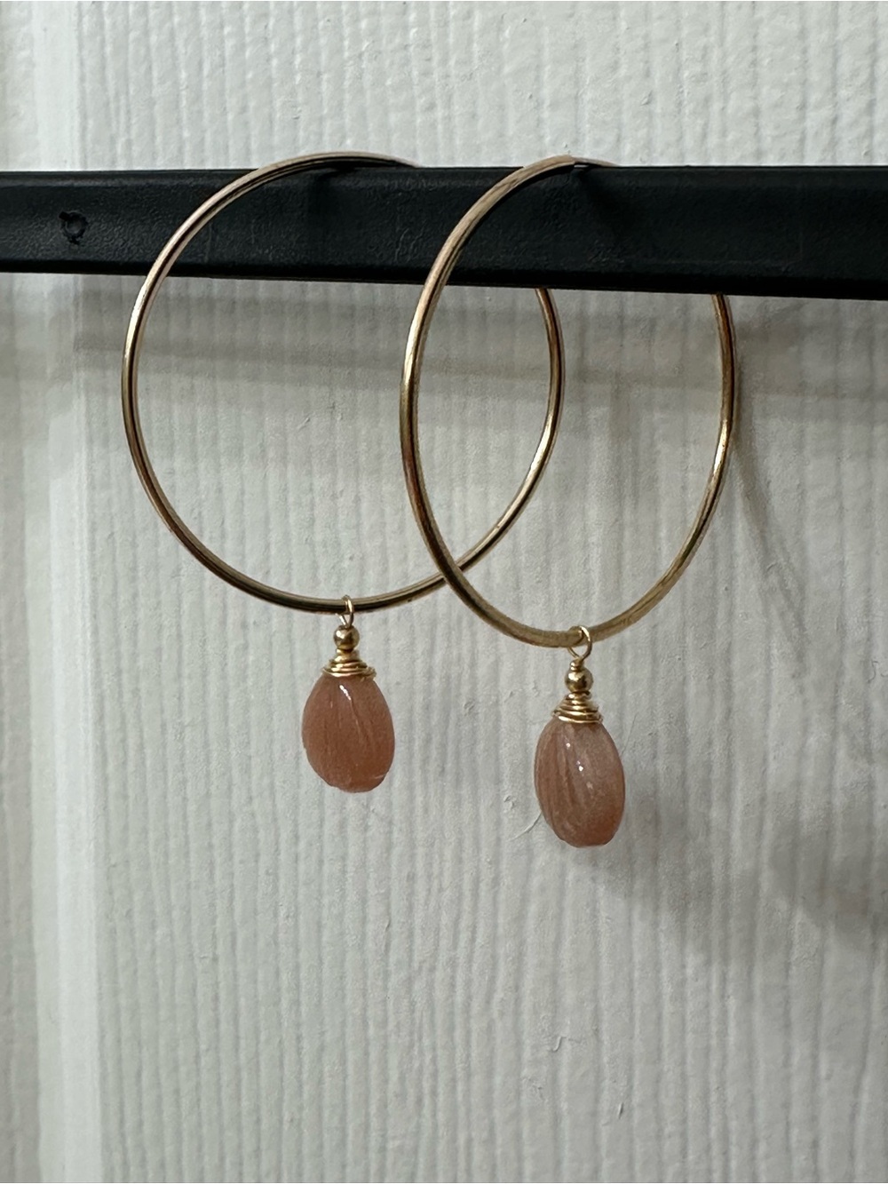 14k Gold-Filled Earrings Hoops Peach Moonstone Gemstone Shell Handmade 2.25” - Picture 2 of 5